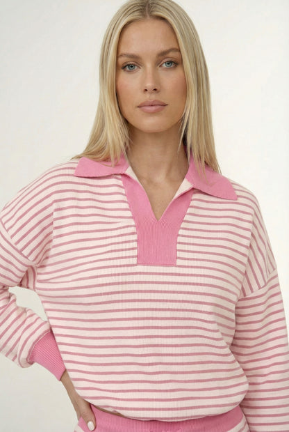 LOHNR Sloane Set in Strawberry Puff - Striped Polo and Mini Skort Matching Set