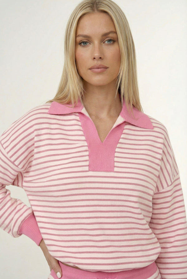 LOHNR Sloane Set in Strawberry Puff - Striped Polo and Mini Skort Matching Set