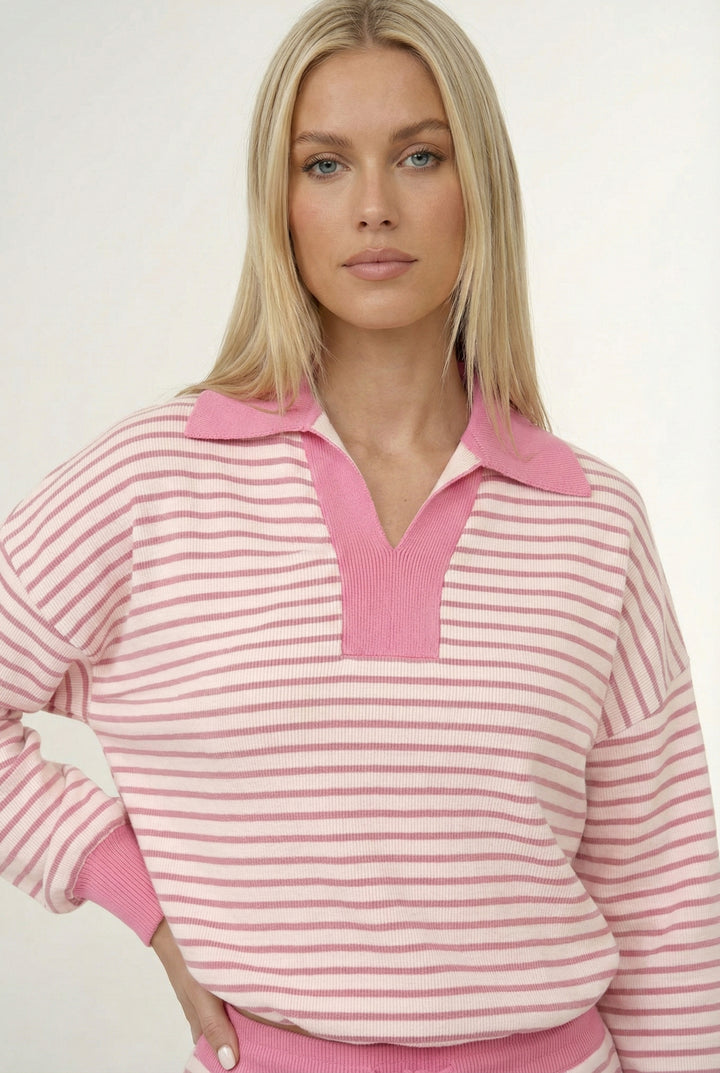 LOHNR Sloane Set in Strawberry Puff - Striped Polo and Mini Skort Matching Set
