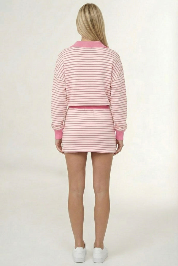 LOHNR Sloane Set in Strawberry Puff - Striped Polo and Mini Skort Matching Set
