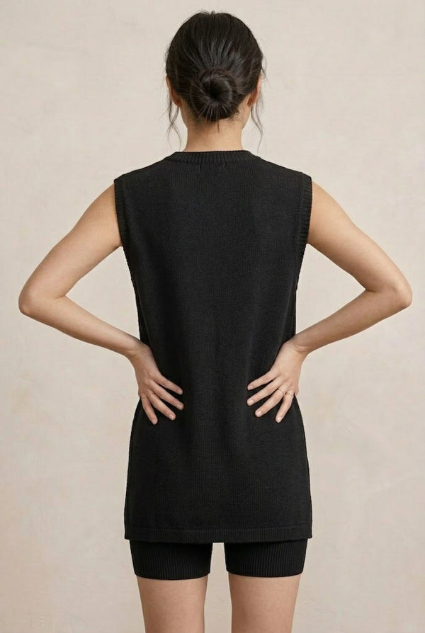 A woman wearing the LOHNR Slouch Tunic Set in Onyx black, a premium sleeveless loungewear set with a relaxed fit.