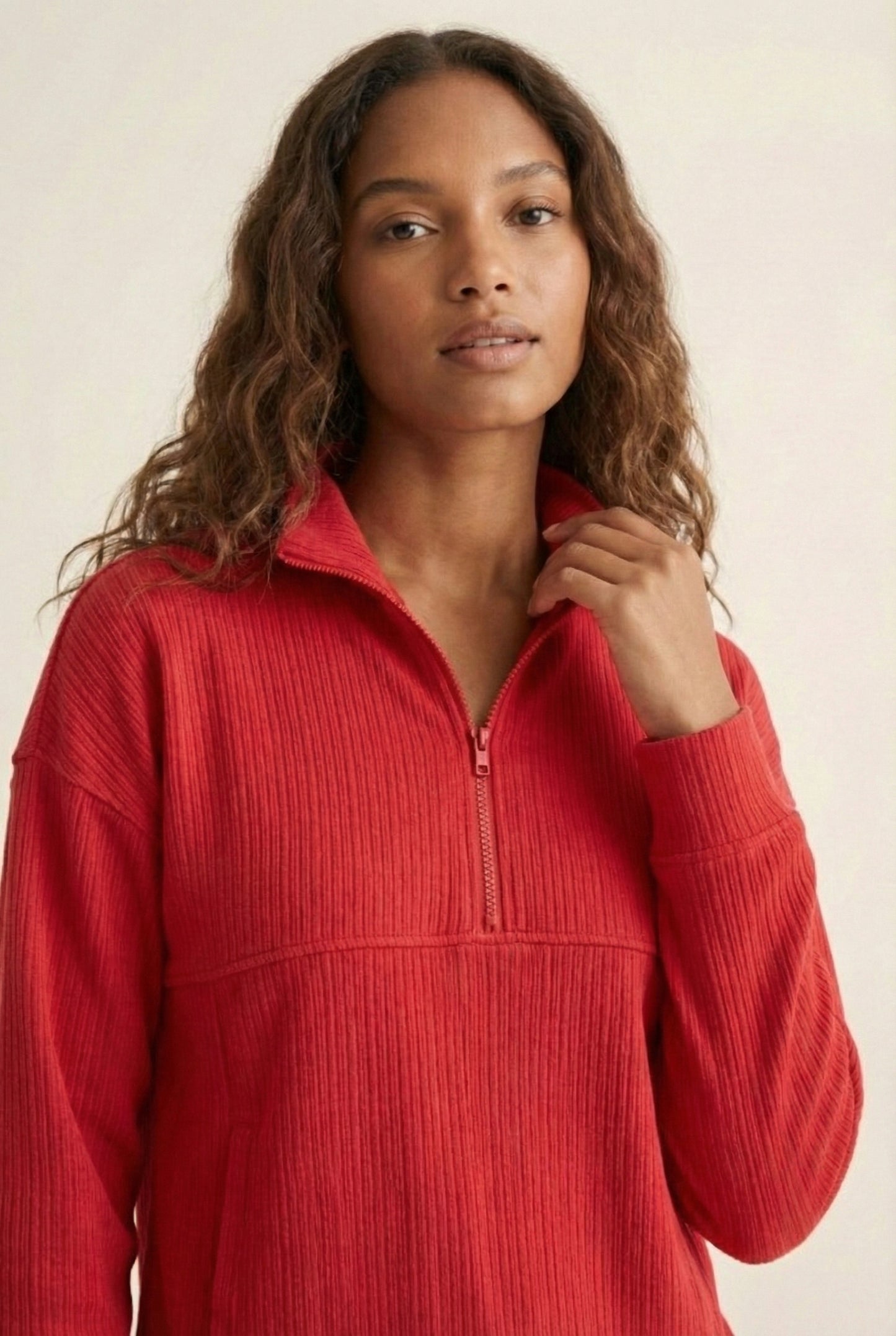 LOHNR Solace Set in Crimson - premium smooth sweatshirt half-zip top and matching lounge pant