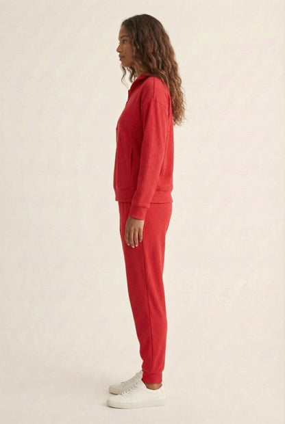 LOHNR Solace Set in Crimson - premium smooth sweatshirt half-zip top and matching lounge pant