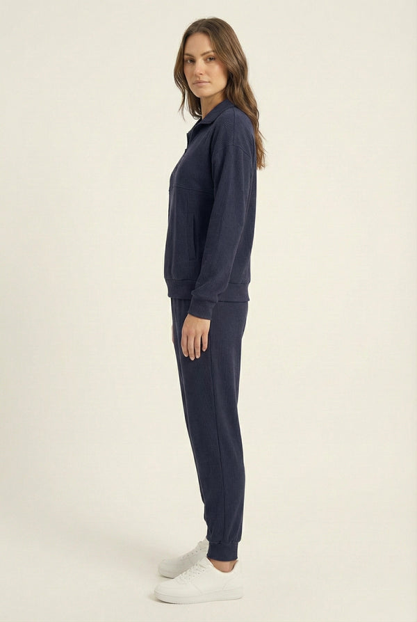 LOHNR Solace Set in Indigo - premium smooth sweatshirt half-zip top and matching lounge pant