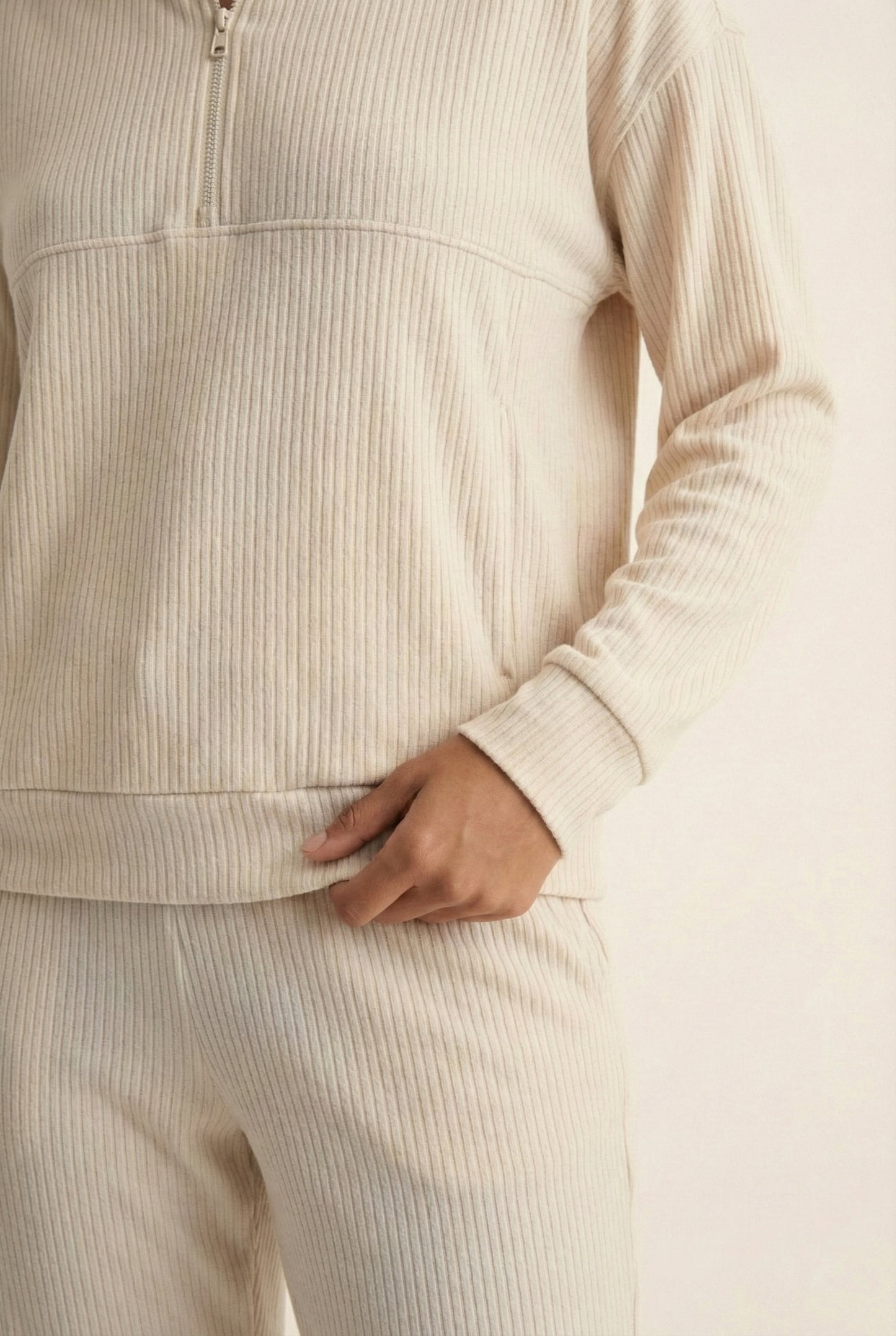 LOHNR Solace Set in Oat - premium smooth sweatshirt half-zip top and matching lounge pant
