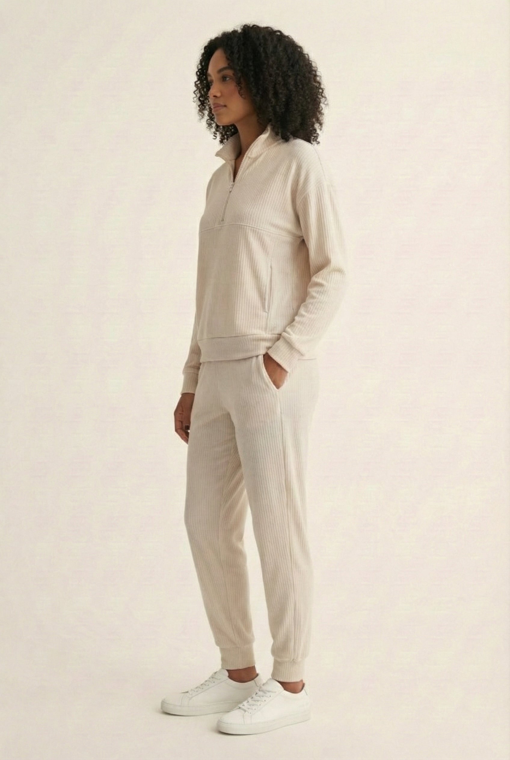 LOHNR Solace Set in Oat - premium smooth sweatshirt half-zip top and matching lounge pant