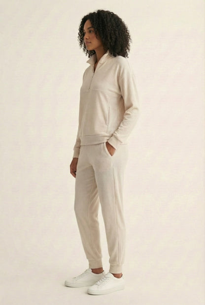 LOHNR Solace Set in Oat - premium smooth sweatshirt half-zip top and matching lounge pant