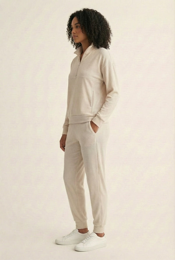 LOHNR Solace Set in Oat - premium smooth sweatshirt half-zip top and matching lounge pant