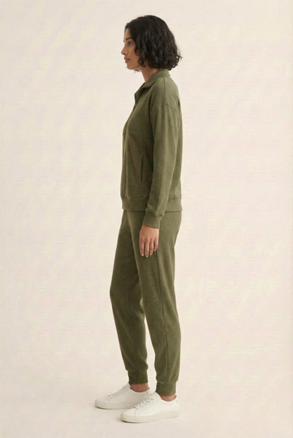 LOHNR Solace Set in Olive - premium smooth sweatshirt half-zip top and matching lounge pant