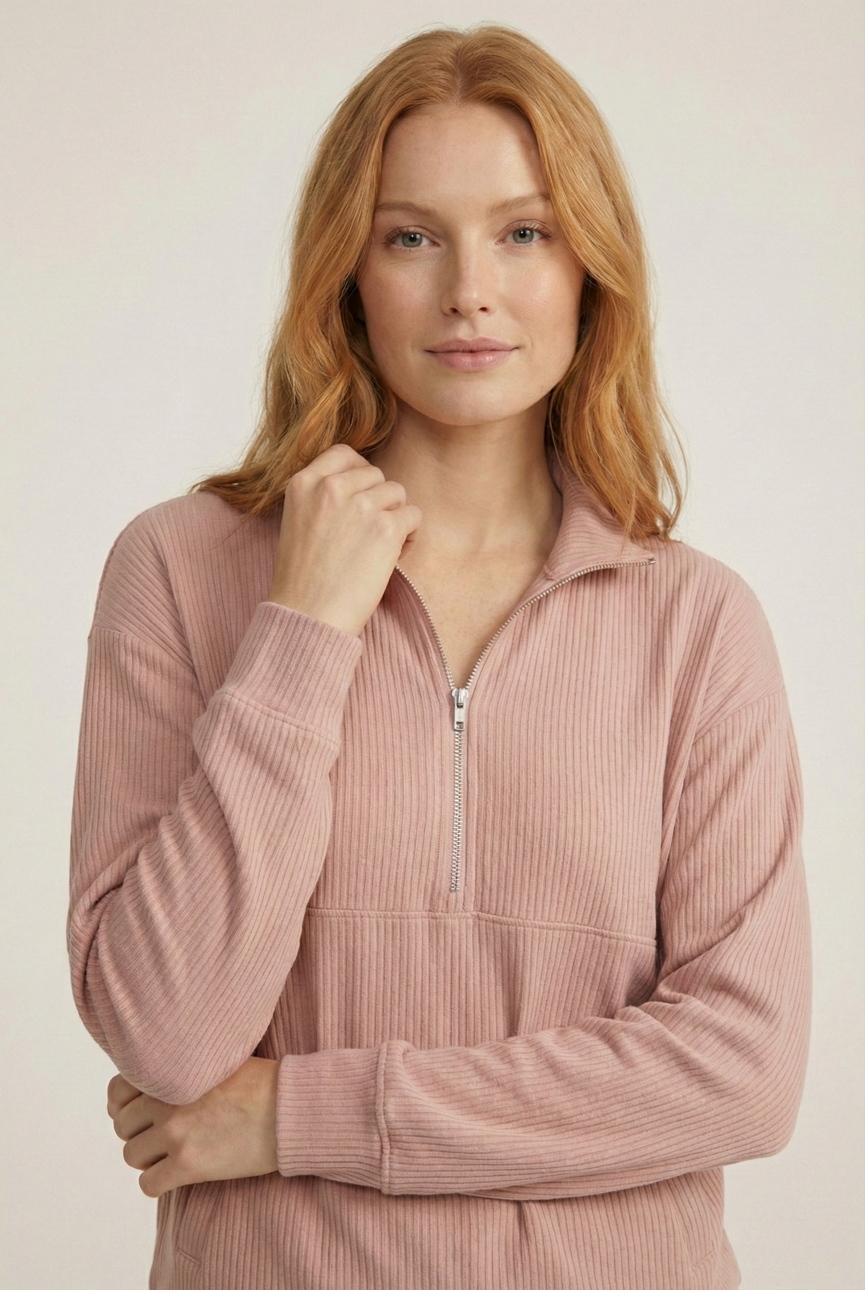 LOHNR Solace Set in Petal - premium smooth sweatshirt half-zip top and matching lounge pant