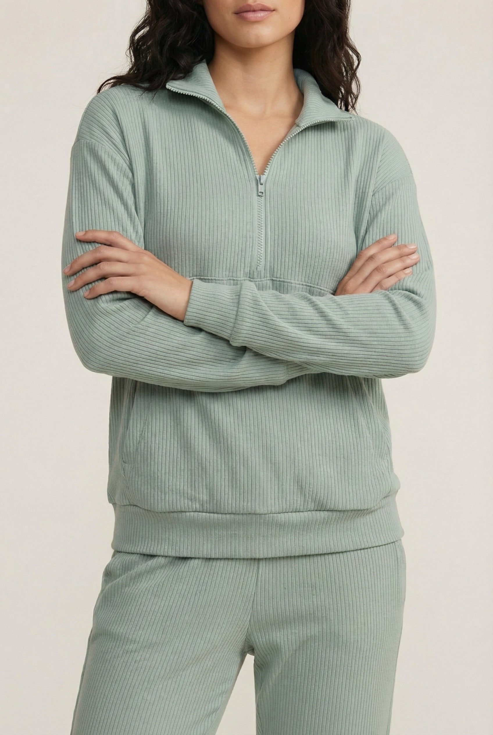 LOHNR Solace Set in Sage - premium smooth sweatshirt half-zip top and matching lounge pant