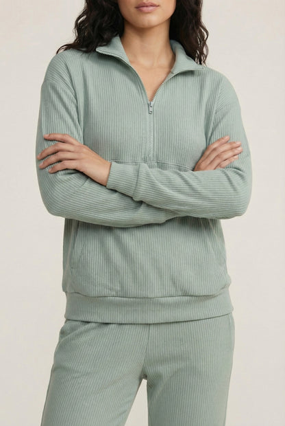 LOHNR Solace Set in Sage - premium smooth sweatshirt half-zip top and matching lounge pant