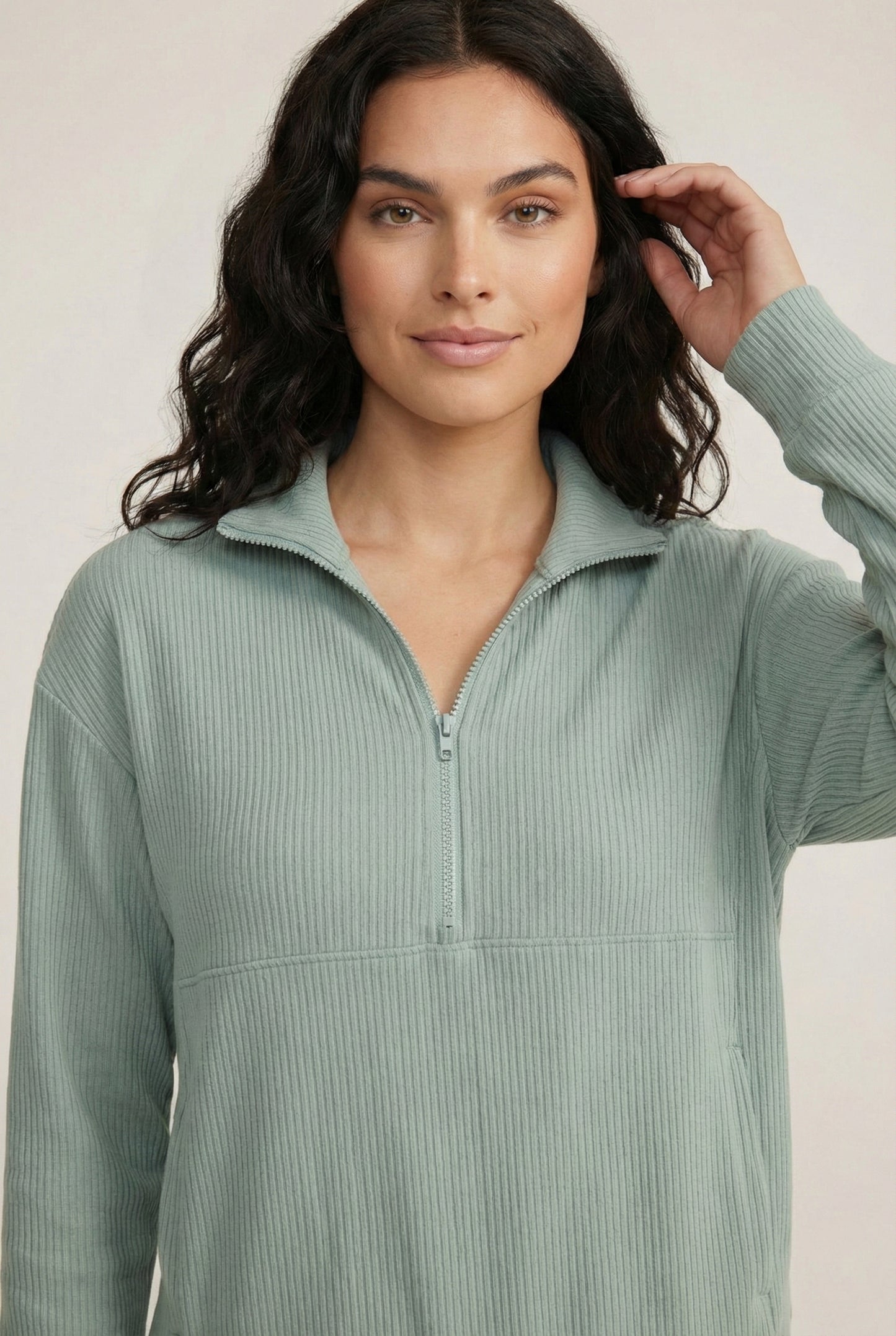 LOHNR Solace Set in Sage - premium smooth sweatshirt half-zip top and matching lounge pant