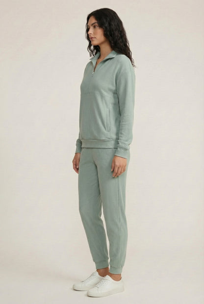 LOHNR Solace Set in Sage - premium smooth sweatshirt half-zip top and matching lounge pant