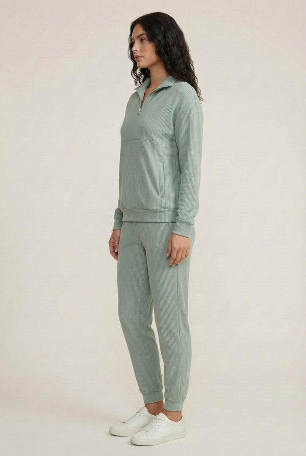 LOHNR Solace Set in Sage - premium smooth sweatshirt half-zip top and matching lounge pant