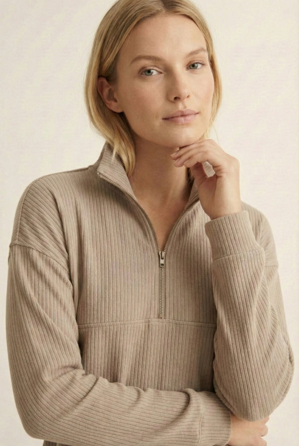 LOHNR Solace Set in Sand - premium smooth sweatshirt half-zip top and matching lounge pant