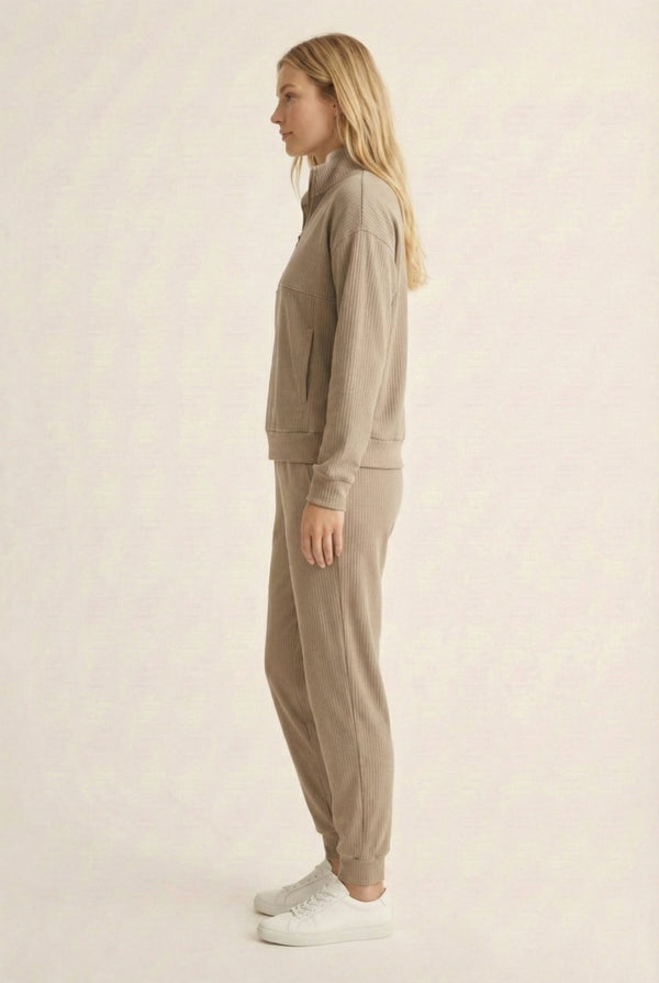 LOHNR Solace Set in Sand - premium smooth sweatshirt half-zip top and matching lounge pant
