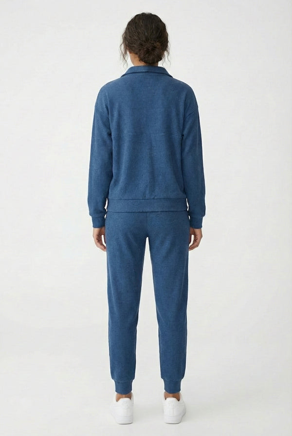 LOHNR Solace Set in Stillwater Blue - premium smooth sweatshirt half-zip top and matching lounge pant