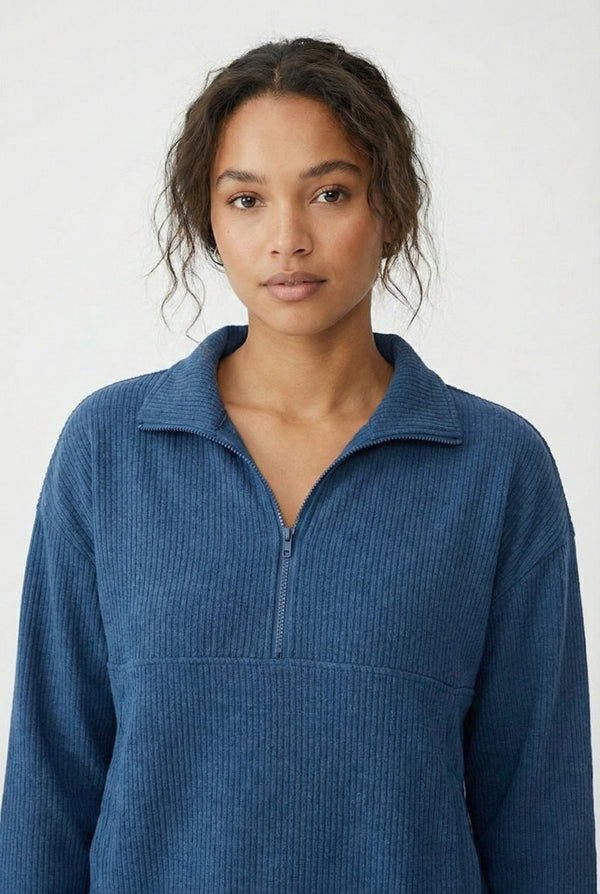 LOHNR Solace Set in Stillwater Blue - premium smooth sweatshirt half-zip top and matching lounge pant