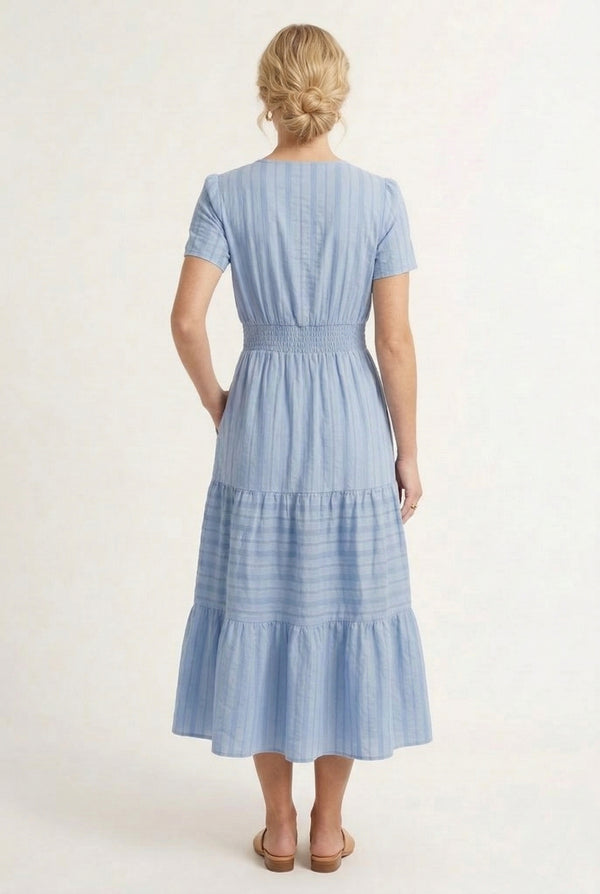 LOHNR Solene Dress in Chambray - Women's 100% Cotton Tiered Midi Dress