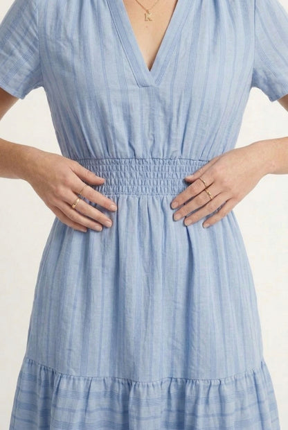 LOHNR Solene Dress in Chambray - Women's 100% Cotton Tiered Midi Dress