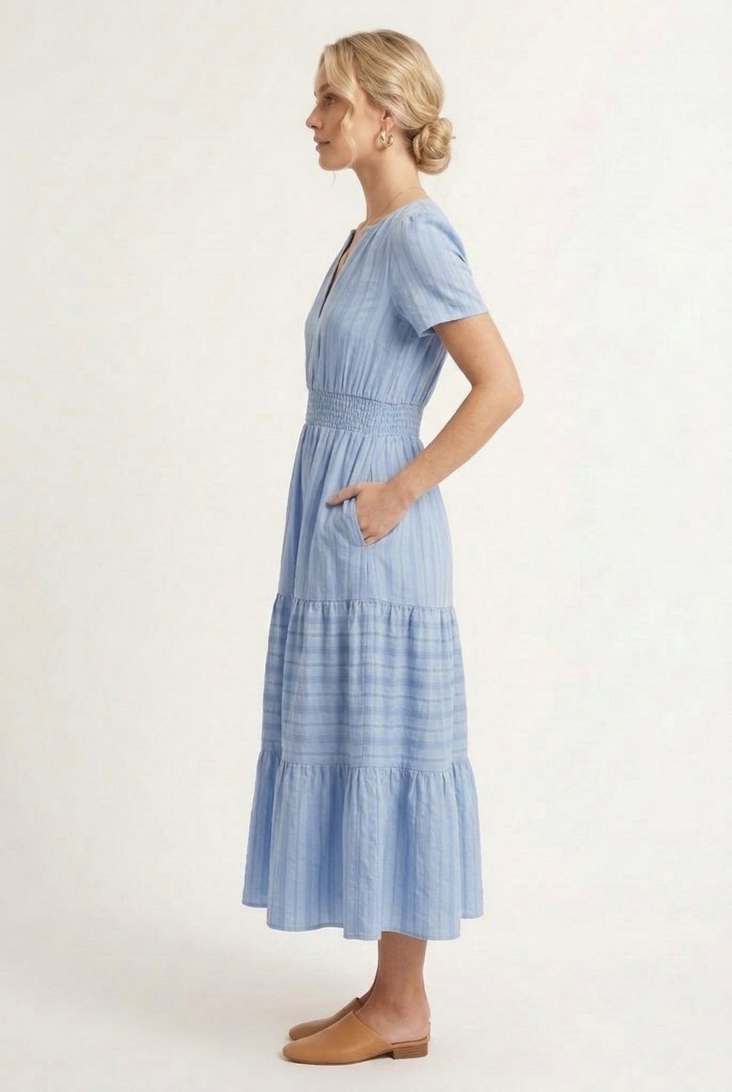 LOHNR Solene Dress in Chambray - Women's 100% Cotton Tiered Midi Dress