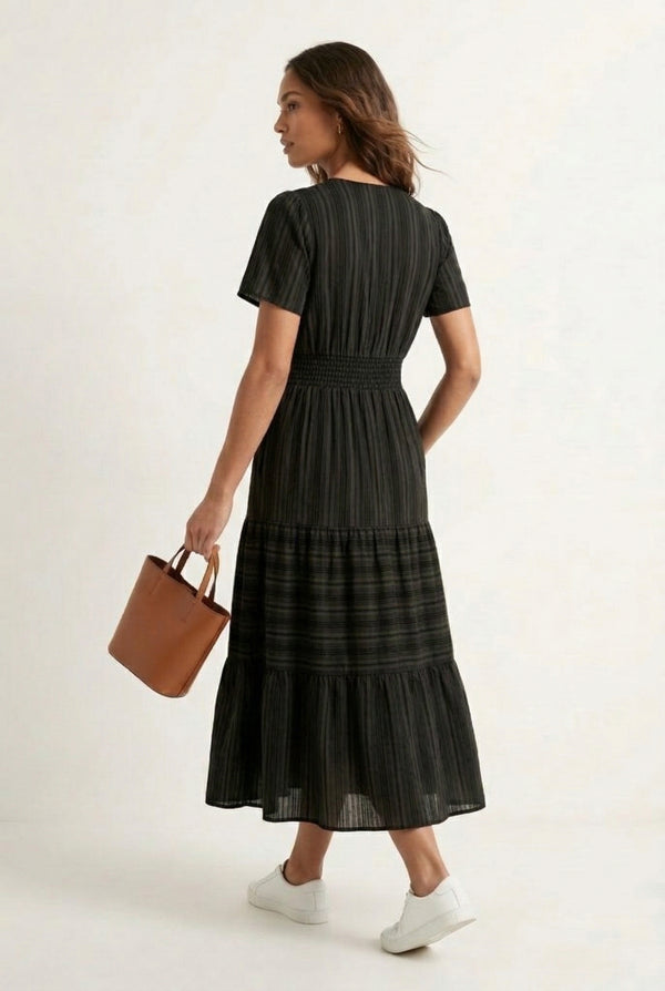 LOHNR Solene Dress in Cinder - Women's 100% Cotton Tiered Midi Dress