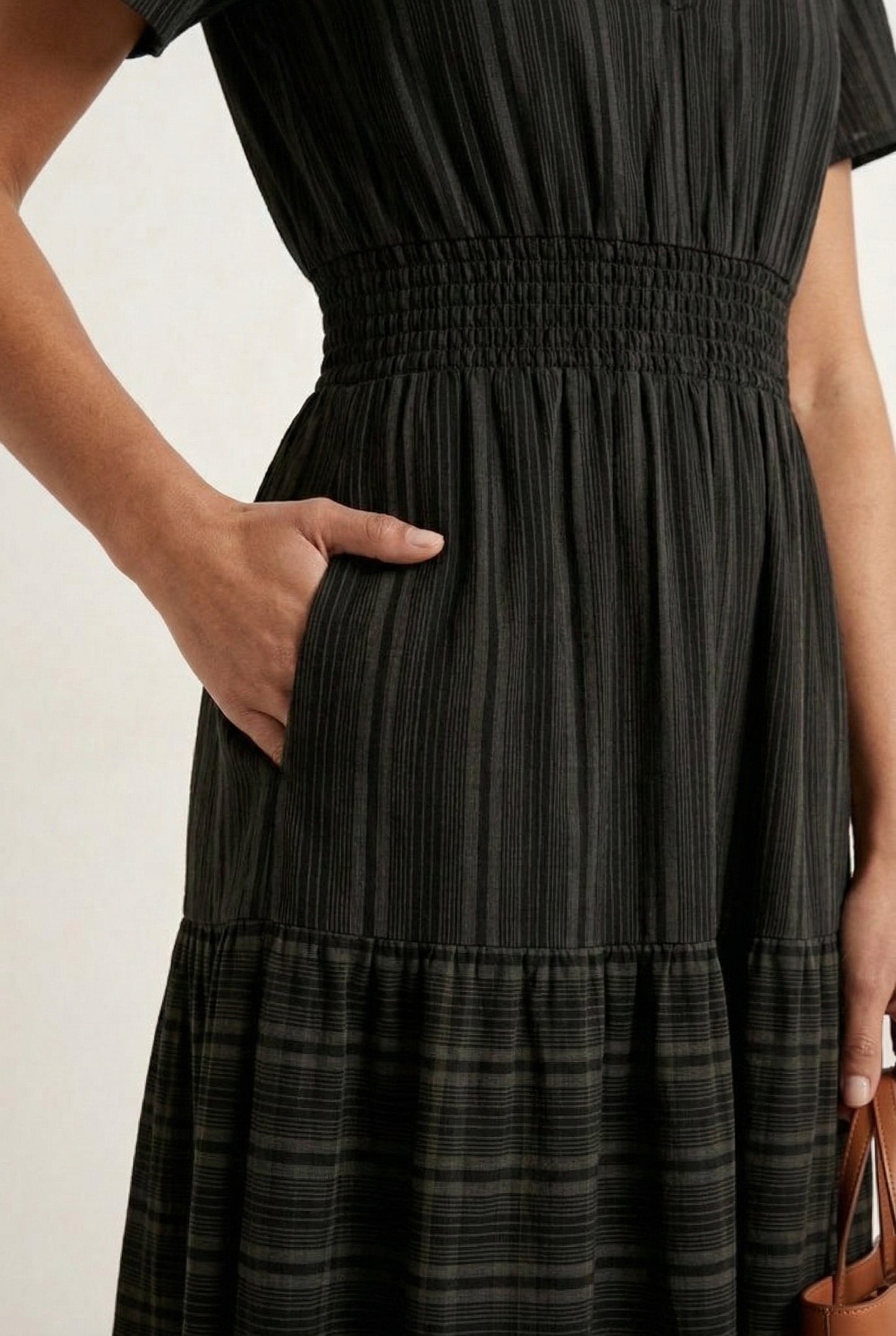 LOHNR Solene Dress in Cinder - Women's 100% Cotton Tiered Midi Dress