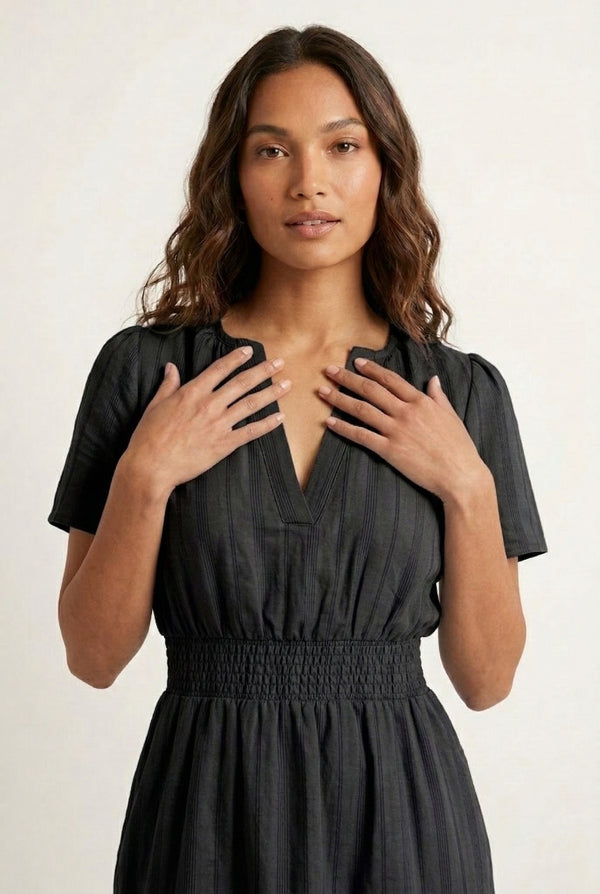 LOHNR Solene Dress in Cinder - Women's 100% Cotton Tiered Midi Dress