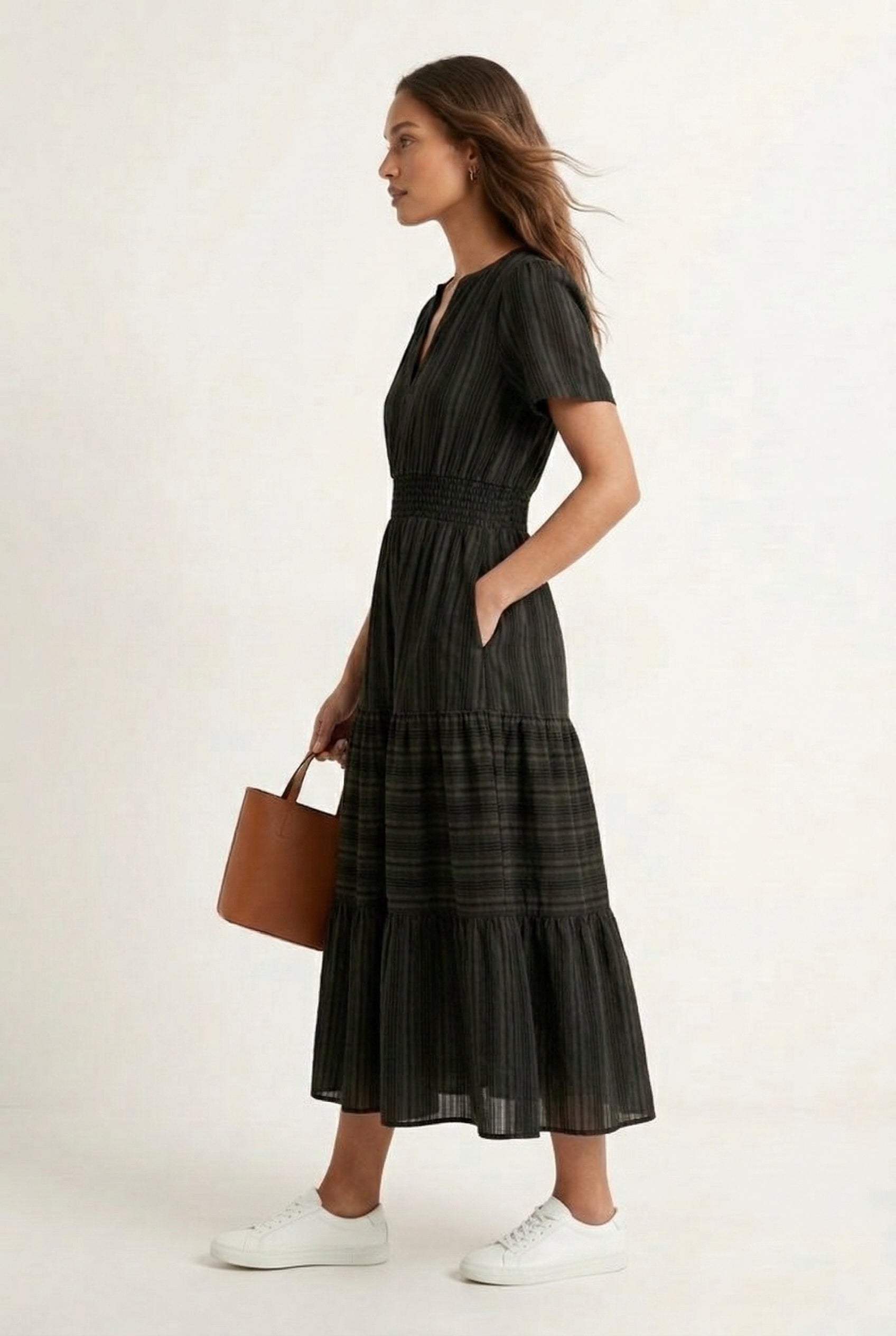 LOHNR Solene Dress in Cinder - Women's 100% Cotton Tiered Midi Dress