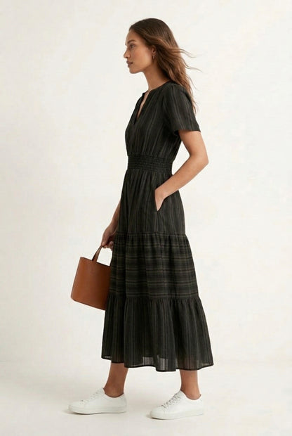 LOHNR Solene Dress in Cinder - Women's 100% Cotton Tiered Midi Dress