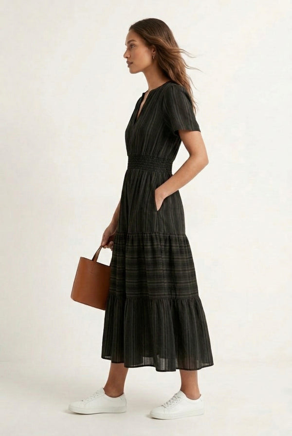 LOHNR Solene Dress in Cinder - Women's 100% Cotton Tiered Midi Dress