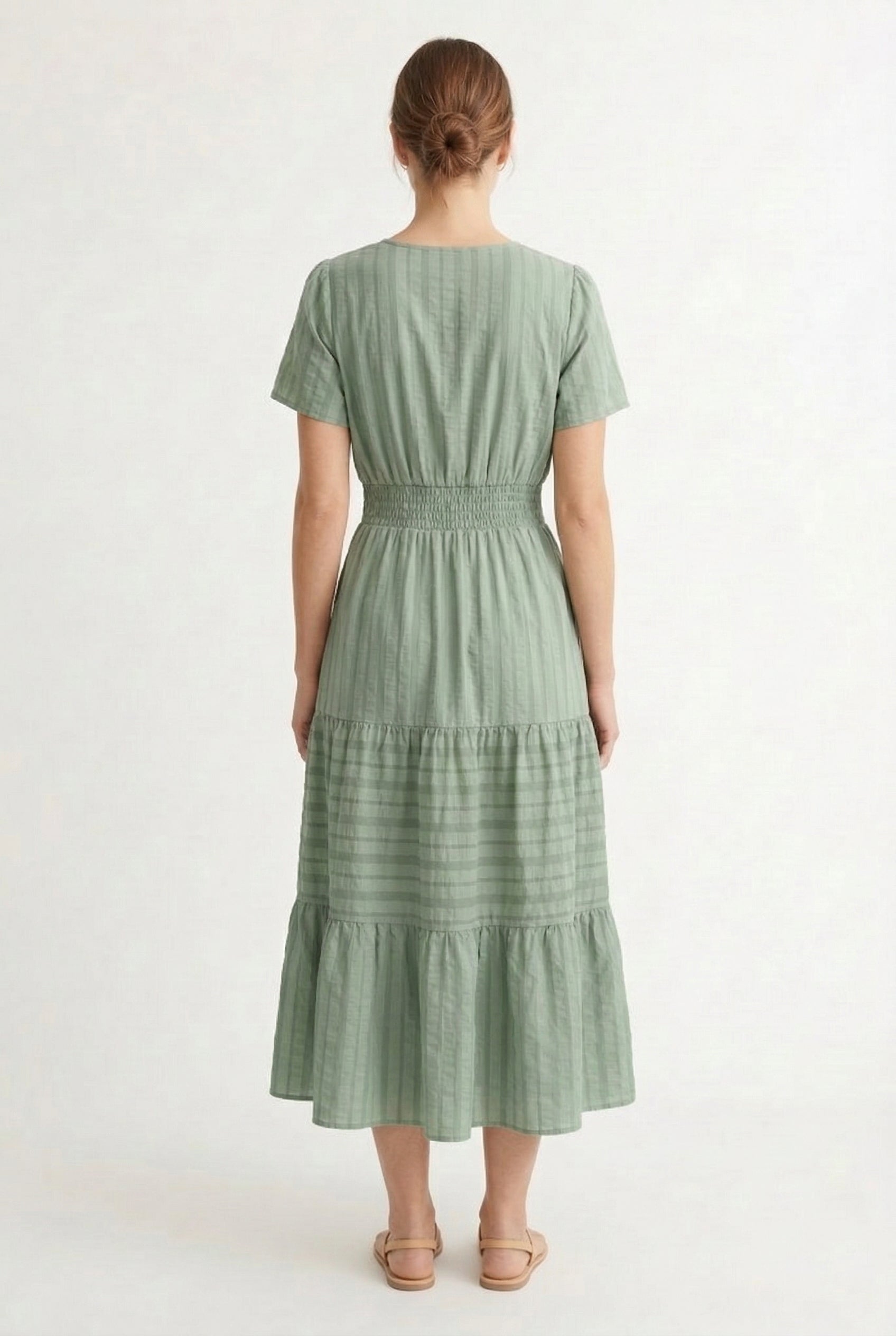 LOHNR Solene Dress in Eucalyptus - Women's 100% Cotton Tiered Midi Dress