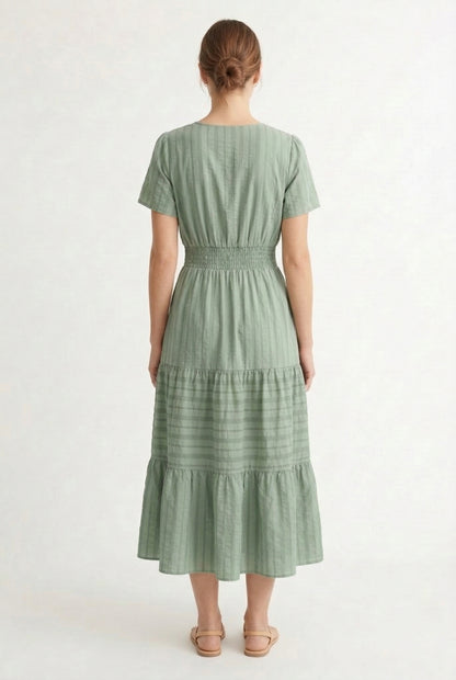 LOHNR Solene Dress in Eucalyptus - Women's 100% Cotton Tiered Midi Dress