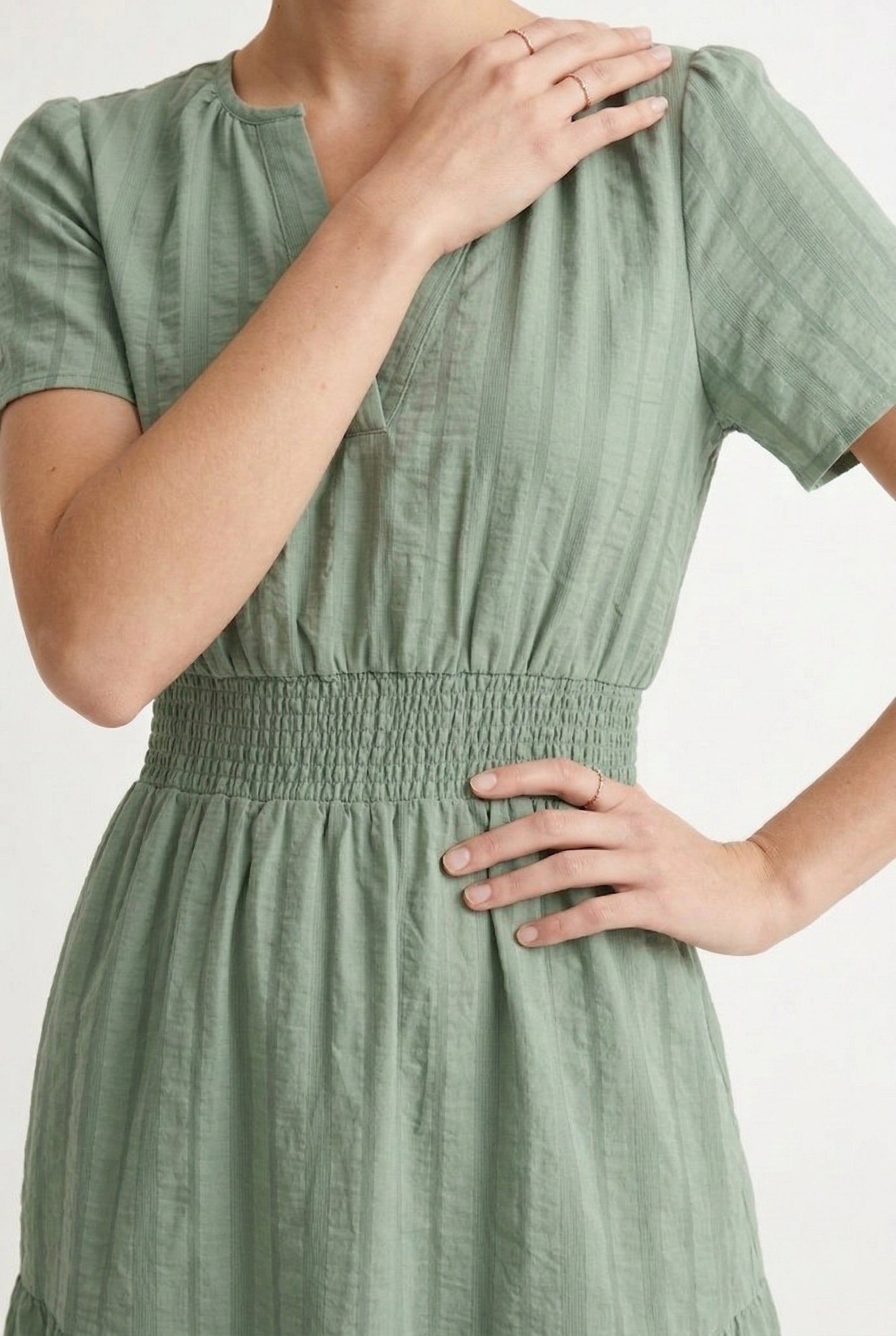 LOHNR Solene Dress in Eucalyptus - Women's 100% Cotton Tiered Midi Dress