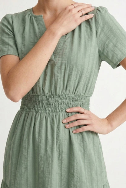 LOHNR Solene Dress in Eucalyptus - Women's 100% Cotton Tiered Midi Dress