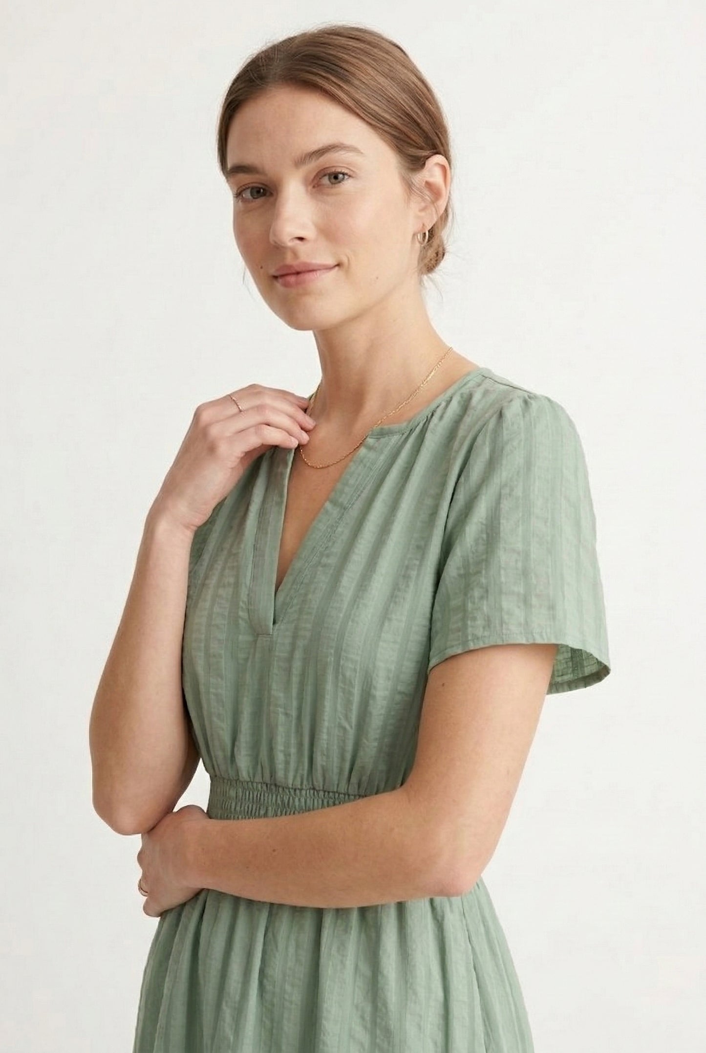 LOHNR Solene Dress in Eucalyptus - Women's 100% Cotton Tiered Midi Dress