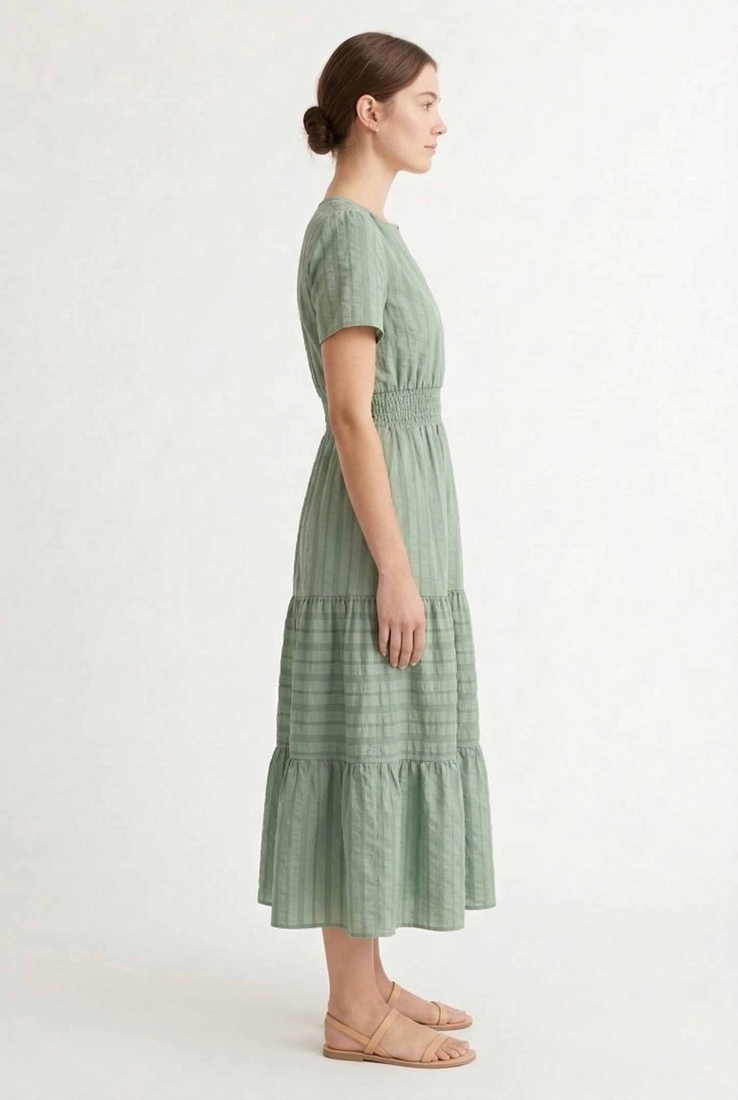 LOHNR Solene Dress in Eucalyptus - Women's 100% Cotton Tiered Midi Dress
