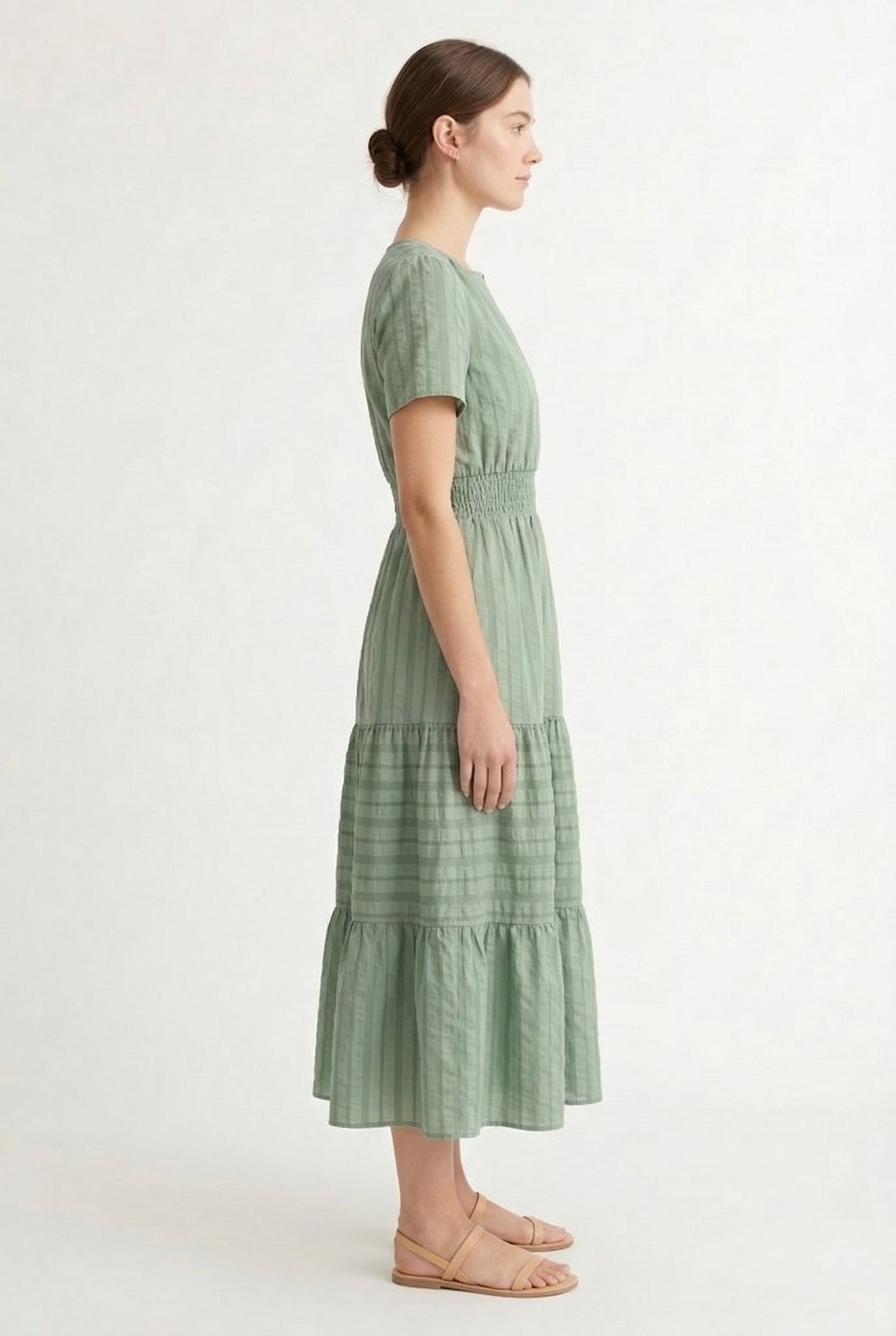LOHNR Solene Dress in Eucalyptus - Women's 100% Cotton Tiered Midi Dress