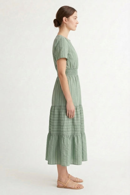 LOHNR Solene Dress in Eucalyptus - Women's 100% Cotton Tiered Midi Dress