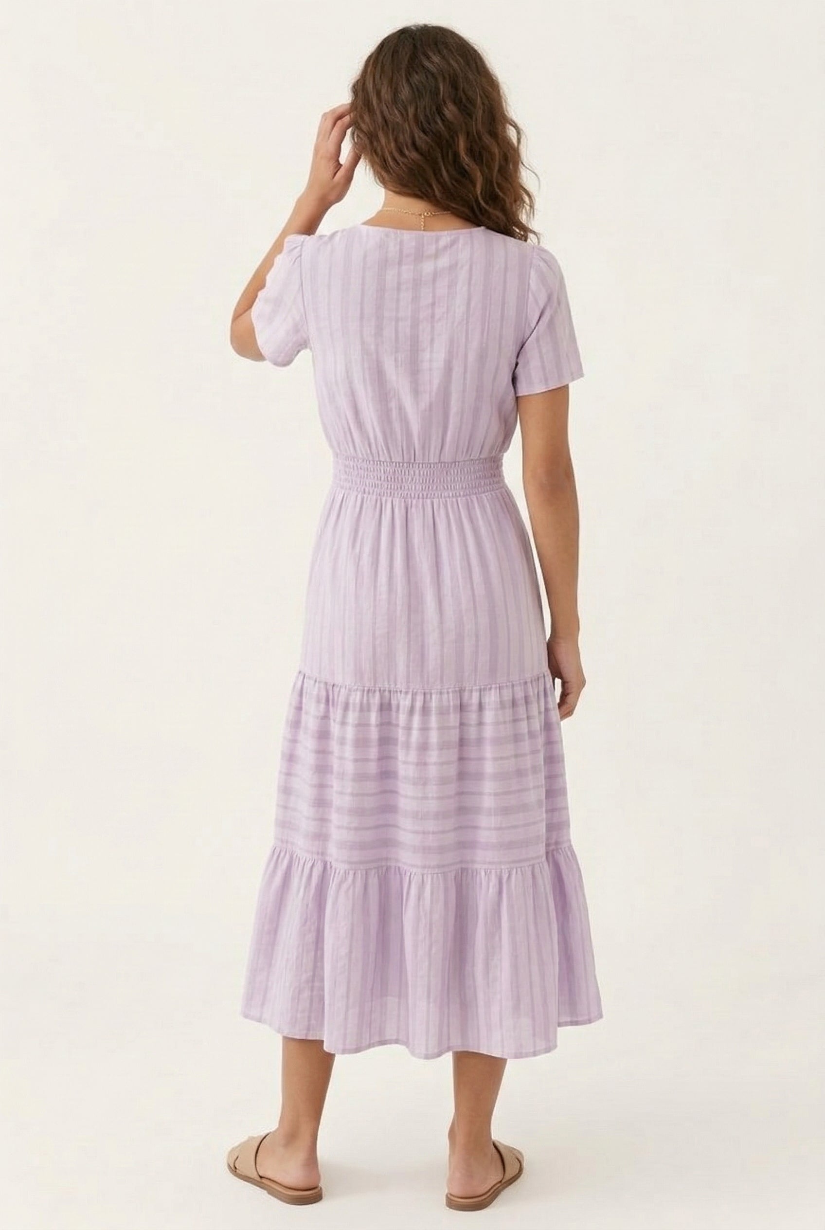LOHNR Solene Dress in Mauve Glow - Women's 100% Cotton Tiered Midi Dress