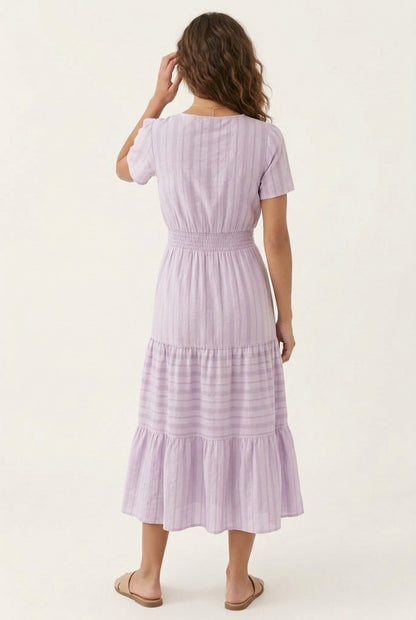 LOHNR Solene Dress in Mauve Glow - Women's 100% Cotton Tiered Midi Dress