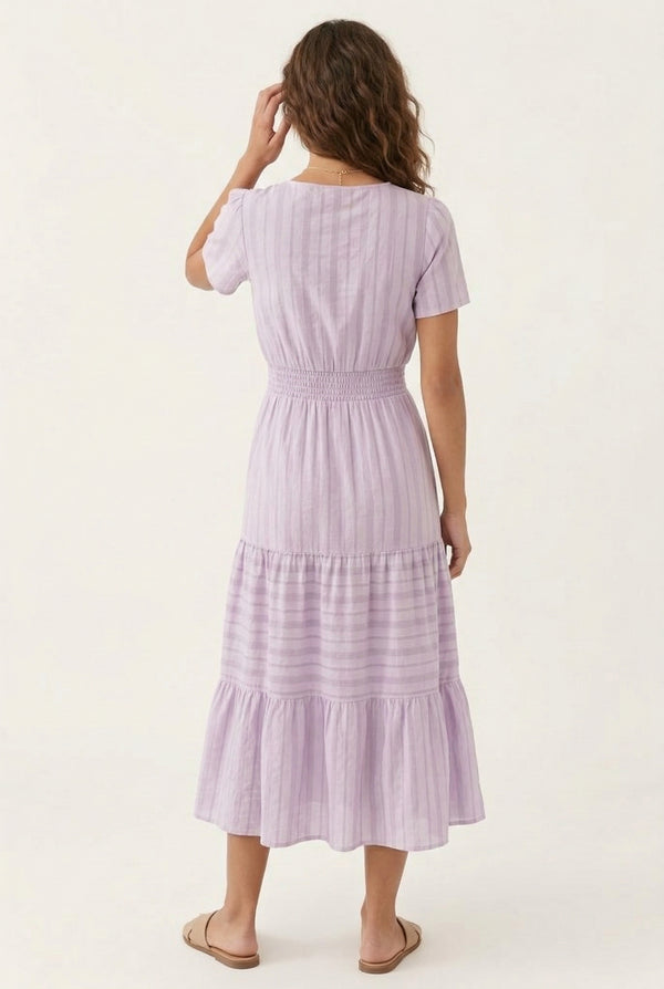 LOHNR Solene Dress in Mauve Glow - Women's 100% Cotton Tiered Midi Dress