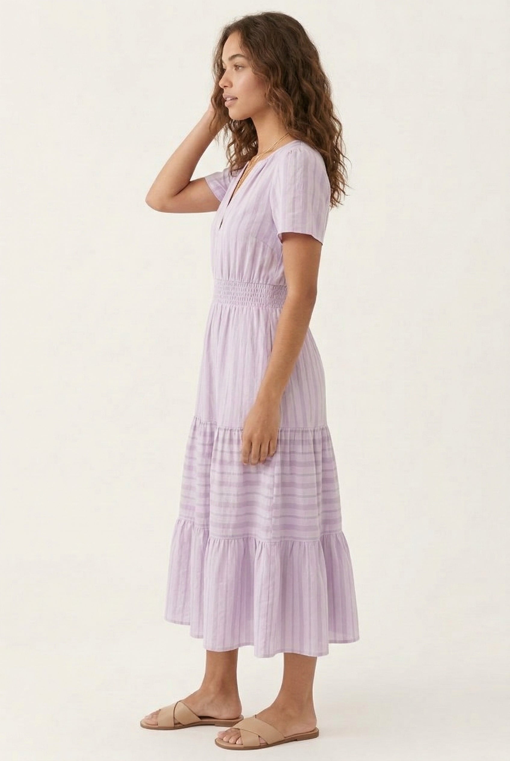 LOHNR Solene Dress in Mauve Glow - Women's 100% Cotton Tiered Midi Dress