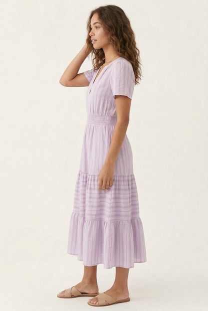 LOHNR Solene Dress in Mauve Glow - Women's 100% Cotton Tiered Midi Dress