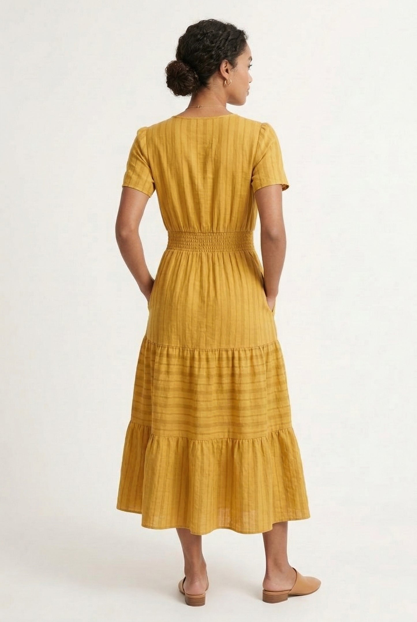 LOHNR Solene Dress in Ochre - Women's 100% Cotton Tiered Midi Dress