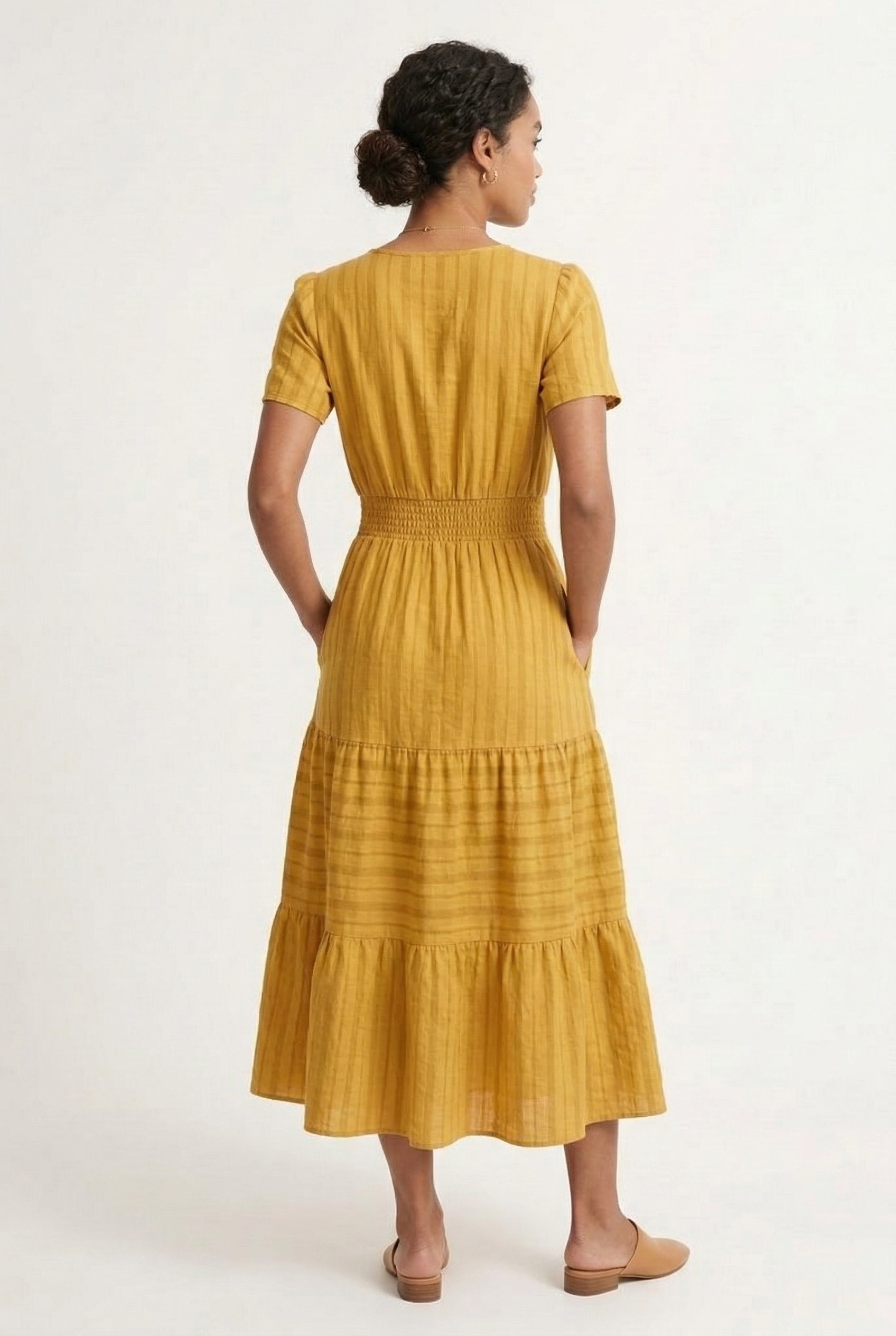 LOHNR Solene Dress in Ochre - Women's 100% Cotton Tiered Midi Dress