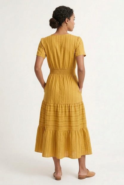 LOHNR Solene Dress in Ochre - Women's 100% Cotton Tiered Midi Dress