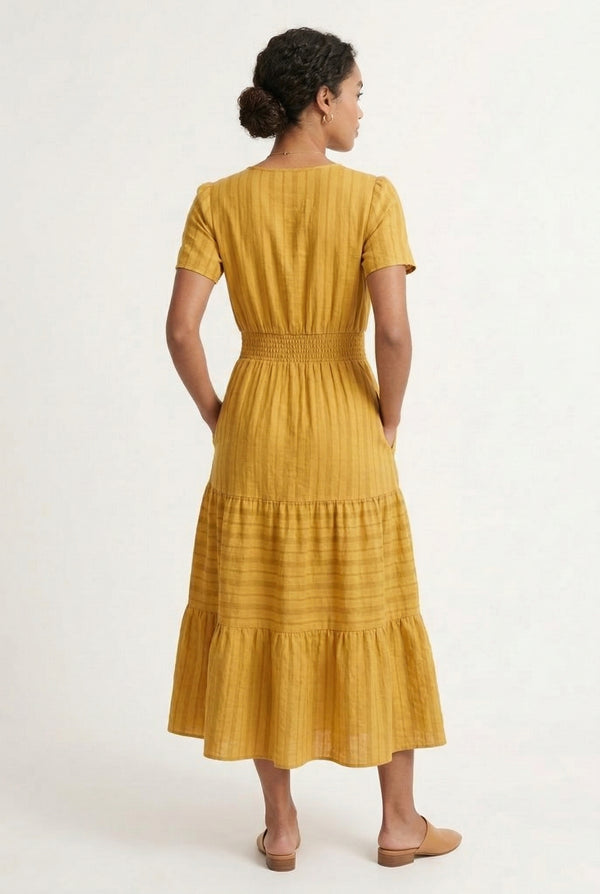 LOHNR Solene Dress in Ochre - Women's 100% Cotton Tiered Midi Dress
