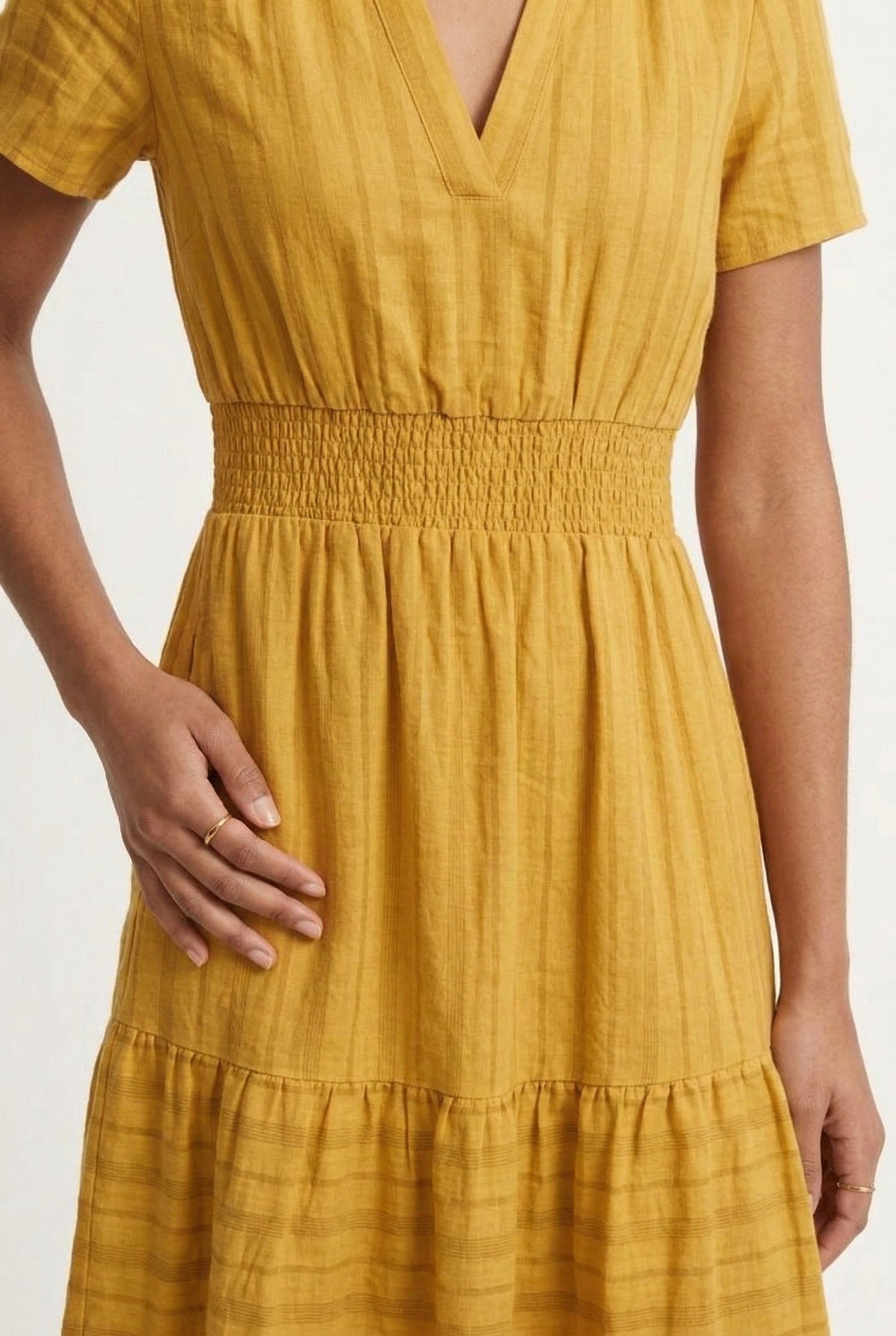 LOHNR Solene Dress in Ochre - Women's 100% Cotton Tiered Midi Dress